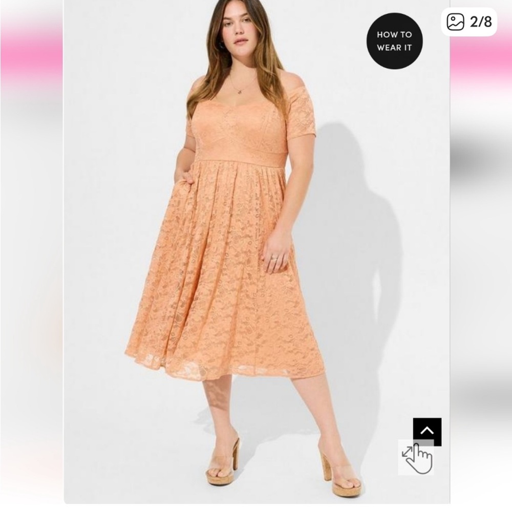 Torrid Peach Lace Romantic Off‎ Shoulder Midi Dress with Pockets NWT Size 3